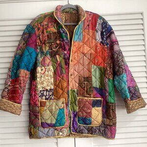 C:EED Vintage Silk Sari Patchwork Reversible Colorful Quilted Jacket Size L Reve